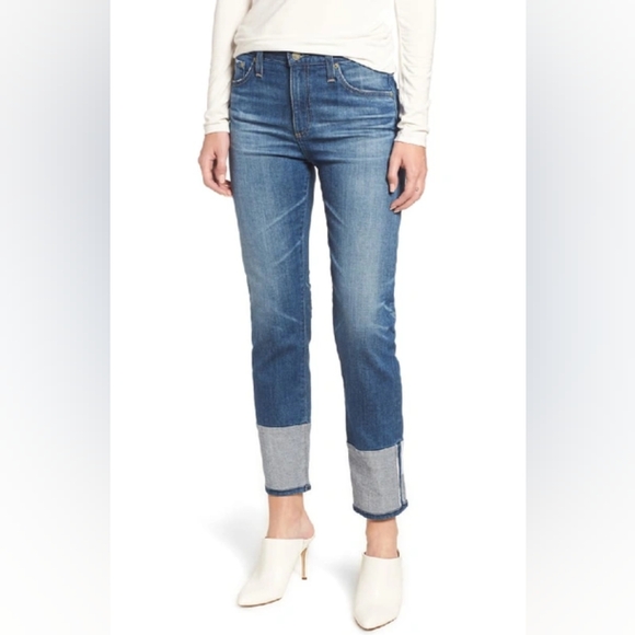 Ag Adriano Goldschmied Denim - AG the Isabelle high waist cuff crop straight leg jeans in 15y finite size 24